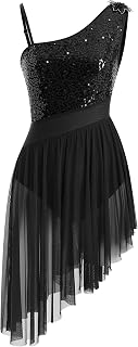 Women Lyrical Dance Dress One Shoulder Sparkly Sequins Contemporary Dance Costume Shiny Top Sheer Waist Chiffon Skirt