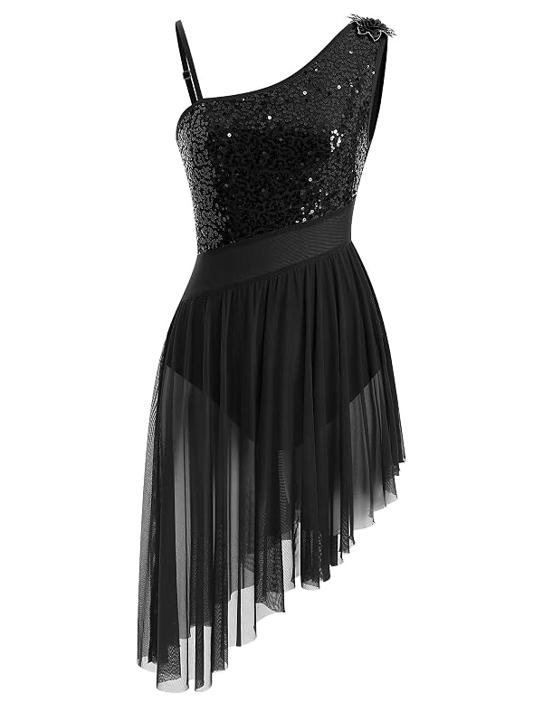 Women Lyrical Dance Dress One Shoulder Sparkly Sequins Contemporary Dance Costume Shiny Top Sheer Meah Waist with Flowy Chiffon Skirt Adult Salsa Jazz Lyrical Dress Black Large by IBAKOM - Used condition - US$33.69