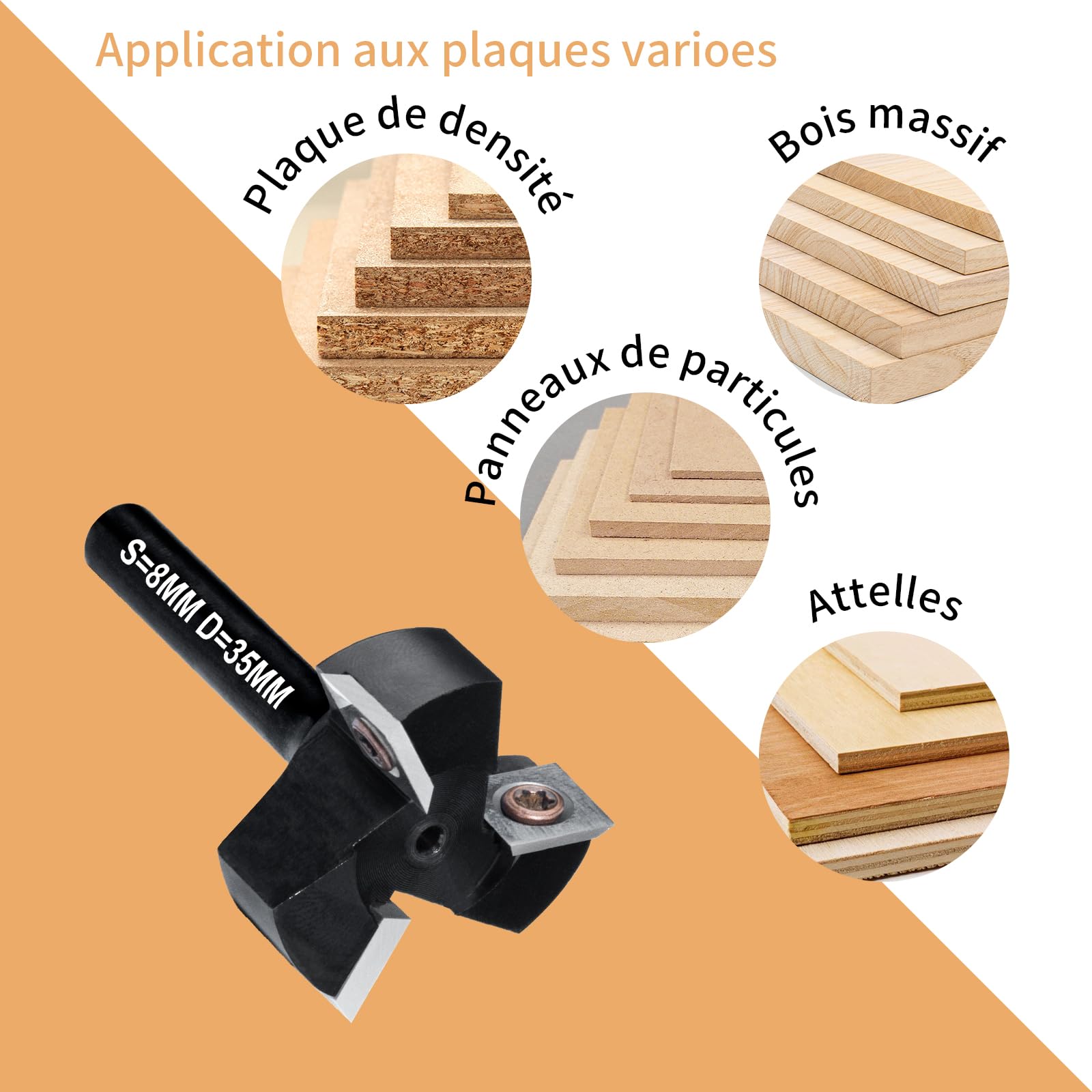 Fraise à Surfacer Tige 8mm Défonceuse, Fraise de Rabotage avec Diamètre de Coupe de 35mm, Fraise a Raboter cmt avec 3 Lames, Fraise CNC pour bois réversible