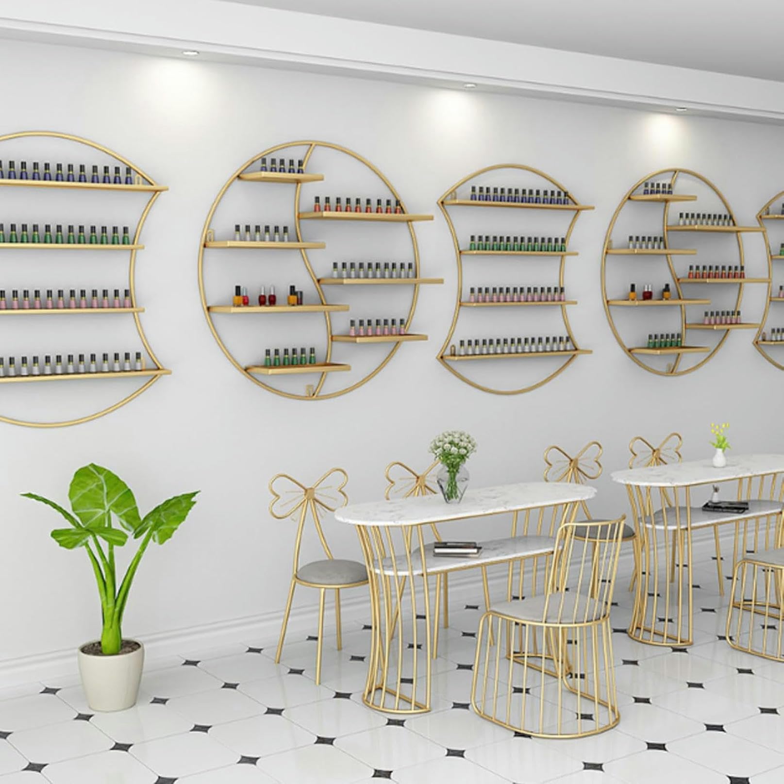 Estante de esmaltes de uñas de pared en hierro con diseño combinado para salones de belleza