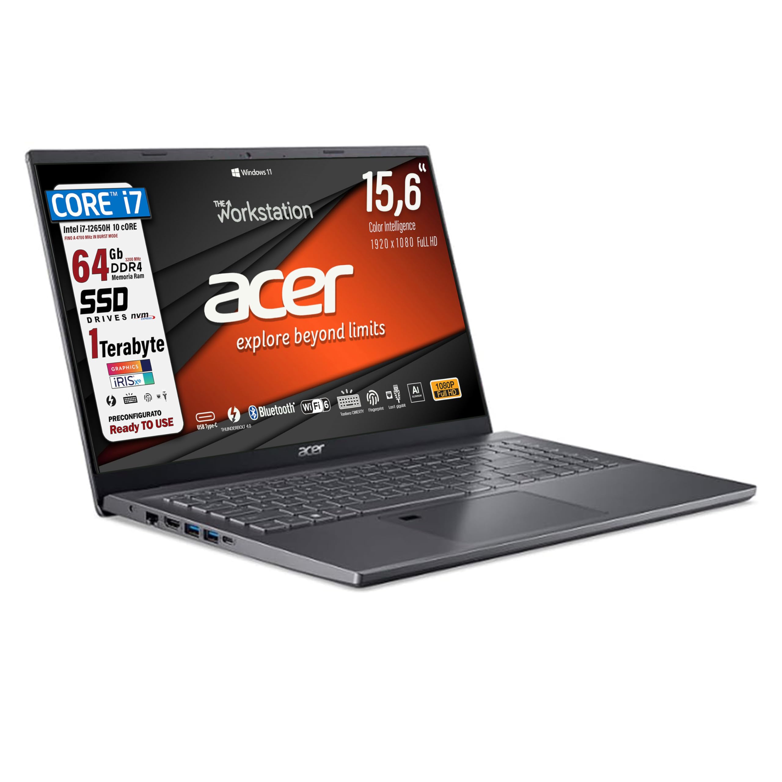 Acer Notebook, Intel Core i7 12650H, RAM 64 Gb, SSD PCIe NVMe 1Tb, 15.6" FullHD, Tastiera Retroilluminata, Fingerprint, Wi-Fi 6, LAN, HDMI, Win 11 - Pronto all'Uso