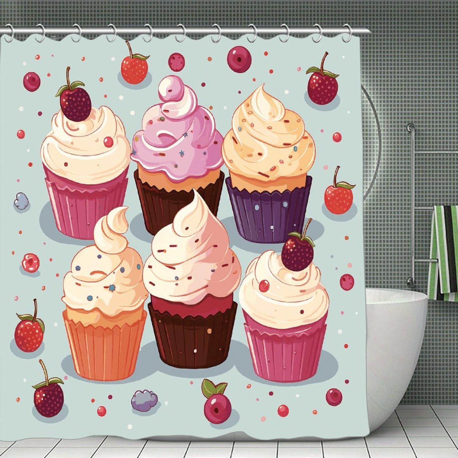 VstaDank Delicious Cupcakes Shower Curtain Waterproof Bathroom Curtain with Hooks Luxury Weighted Bath Curtains for Bathtubs Showers Room Dividers Decorative Shower Curtains 71x71 in