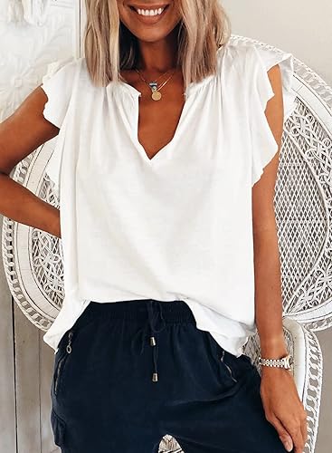 Miniatura 2 de Dokotoo - Camisetas informales de verano con cuello en V y manga con volados para mujer