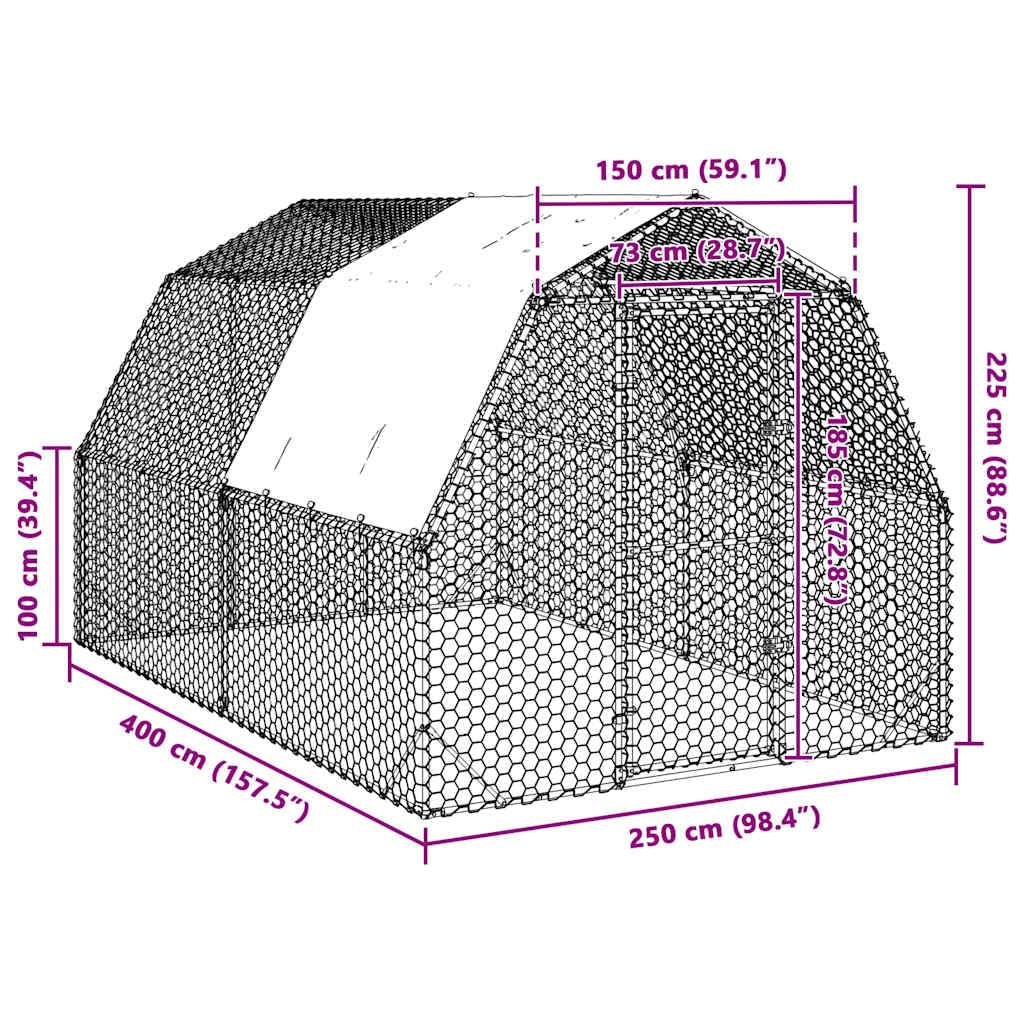 Kurnik z dachem, stal ocynkowana, 2,5 x 4 x 2,25 m, odporny na warunki atmosferyczne wybieg z wytrzymałą metalową ramą i zamykanymi drzwiami, idealny do ogrodu, na zewnątrz, dla małych