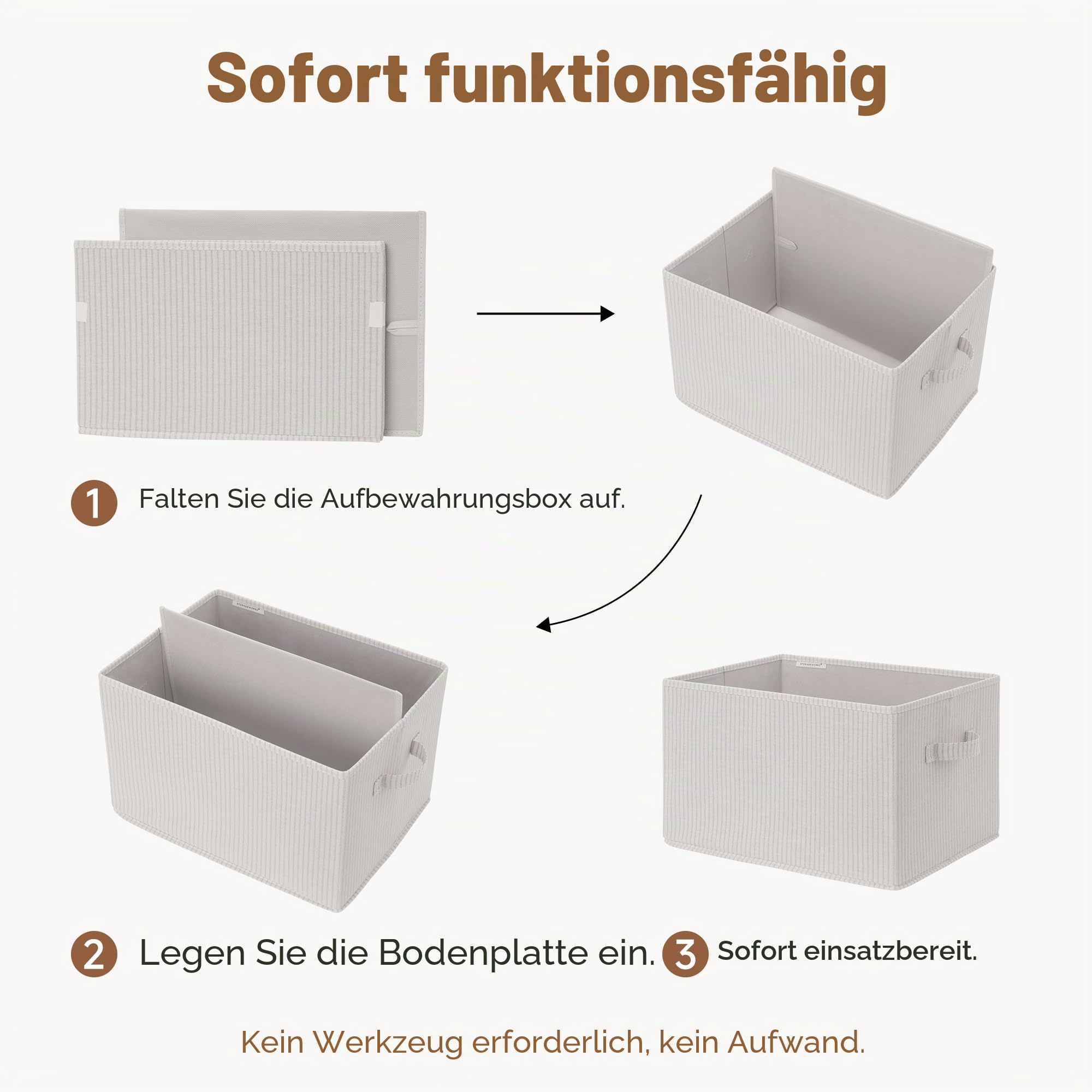 StorageWorks Kisten groß mit Griffen, Stoff Aufbewahrungskorb für Regale, Aufbewahrungsbox Badezimmer, faltbarer Kleiderschrank Organizer, Ordnungsboxen für Wäscheschrank, beige gestreift, 3 Stück