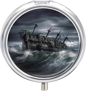 Pill Box 3 Compartment Metal Medicine Pill Organizer Scary Ship at Sea Pill Case for Purse Or Pocket Cute Mini Portable Pill Holder Travel Pill Container to Hold Supplements, Vitamins, Fish Oil