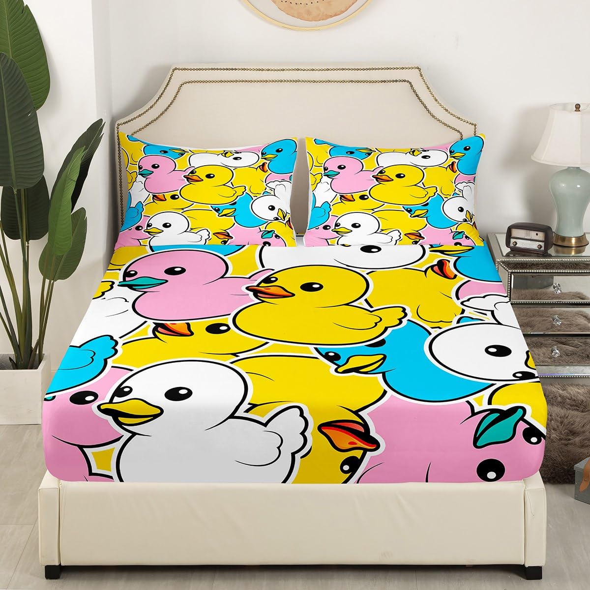 Erosebridal Colorful Duck Fitted Sheet for Kids Boys Girls Toddler,Cartoon Duck Bed SheetsQueen,Graffiti Rustic Animal Bedding Set,Cute Farmhouse Animal Bed Cover + 2 Pillowcases Wrinkle Free