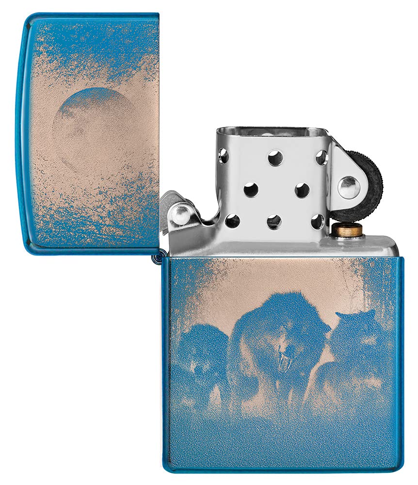Zippo Encendedor a Prueba de Viento - Modelo Wolves - Acabado Azul Pulido con Color Image - Recargable - Reutilizable - Diseño a Prueba de Viento - Caja de Regalo Hecho en EEUU