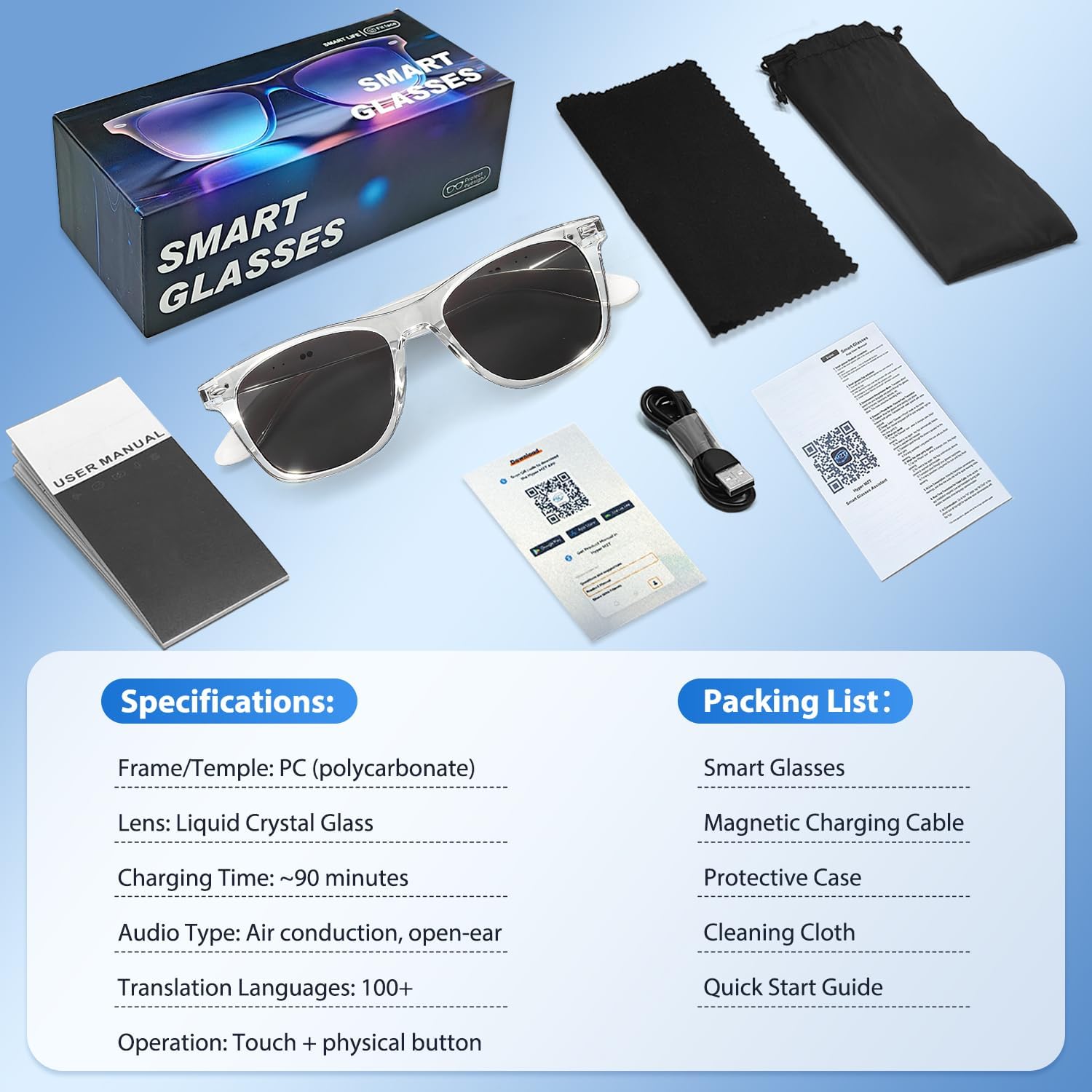 Bluetooth AI Smart Glasses, Audio Glasses for Music & Calls, App-Based AI Translation, Voice Assistant, Light AI Wearable Tech Glasses for Men/Women, Clear Frame Smart Sunglasses for Travel/Commuting