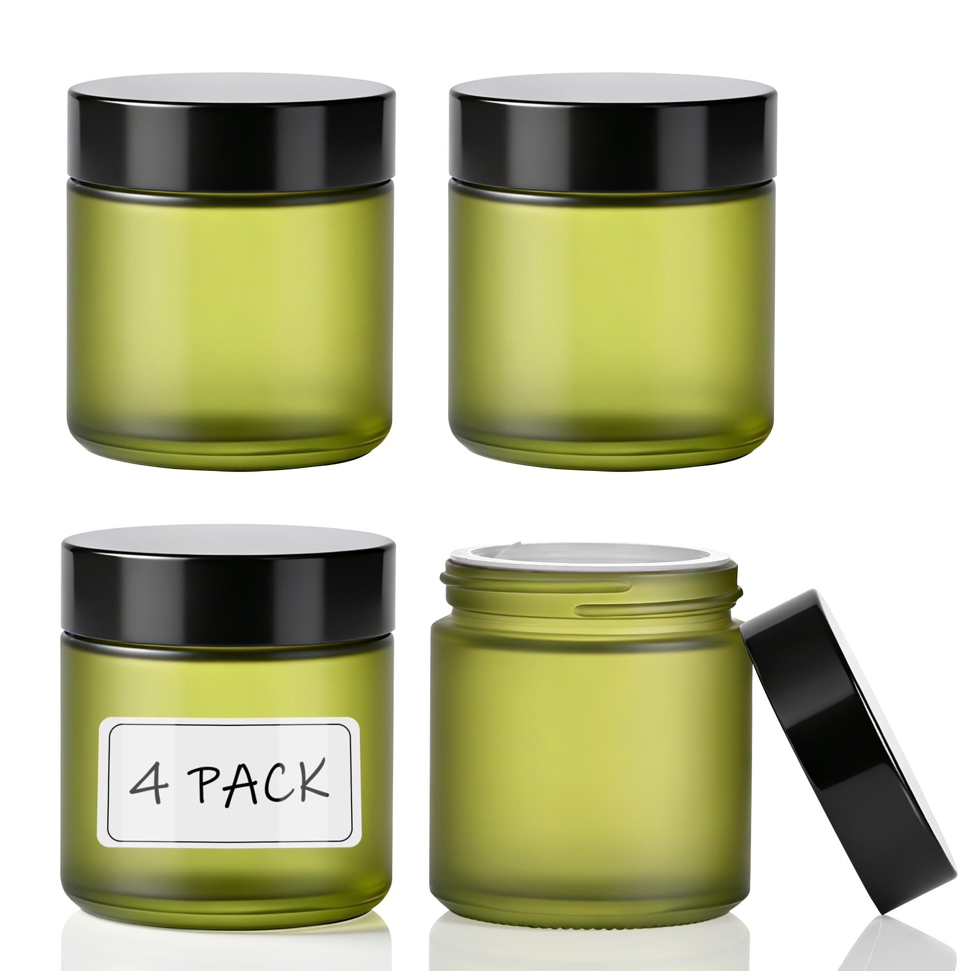4oz Glass Jars with Lids,Cosmetic Containers with Inner Liners for Creams, Lotions, Body Scrubs, Salve Jars, Green Frosted 4 Pack