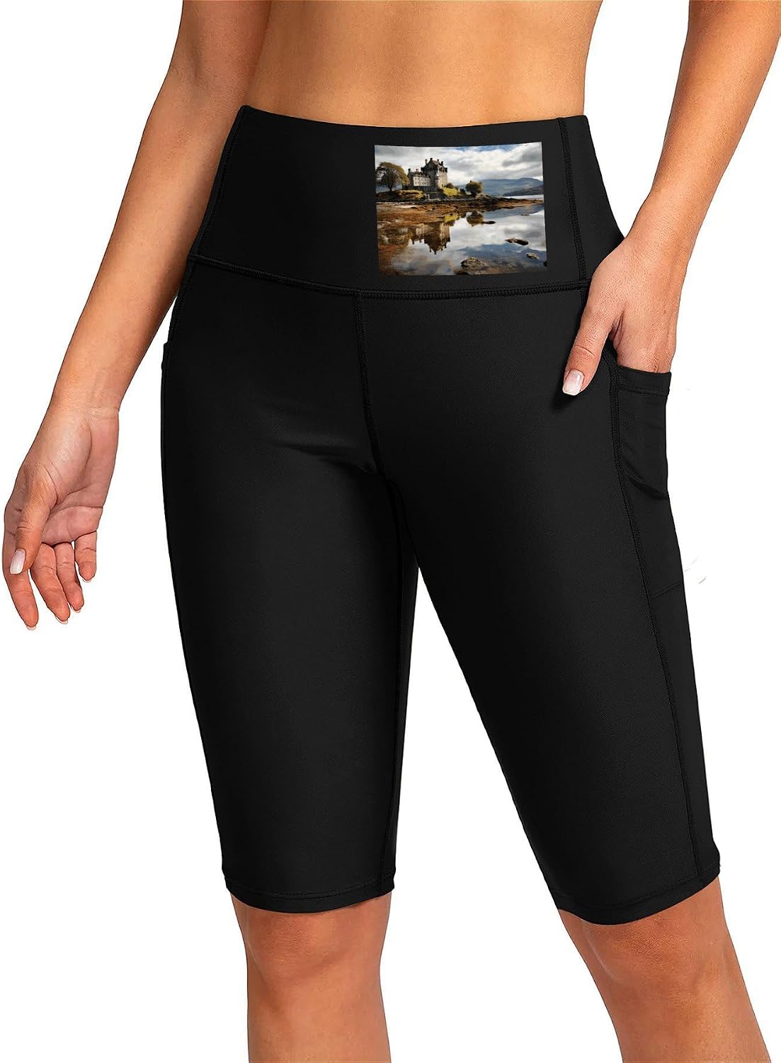Scotland Castle Water Lake Scottish Swim Shorts with Pockets, Bottoms Swimwear, Women's Swim Pants Black, Bathing Suit Leggings Small