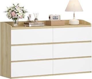 Hzuaneri chest of drawers with 6 drawers, 40 x 138 x 84 cm, oak colour-white | Sidoskåp med arbetsyta, skåp med övre räcke, modern stil, lämplig för vardagsrum och sovrum DC32631X