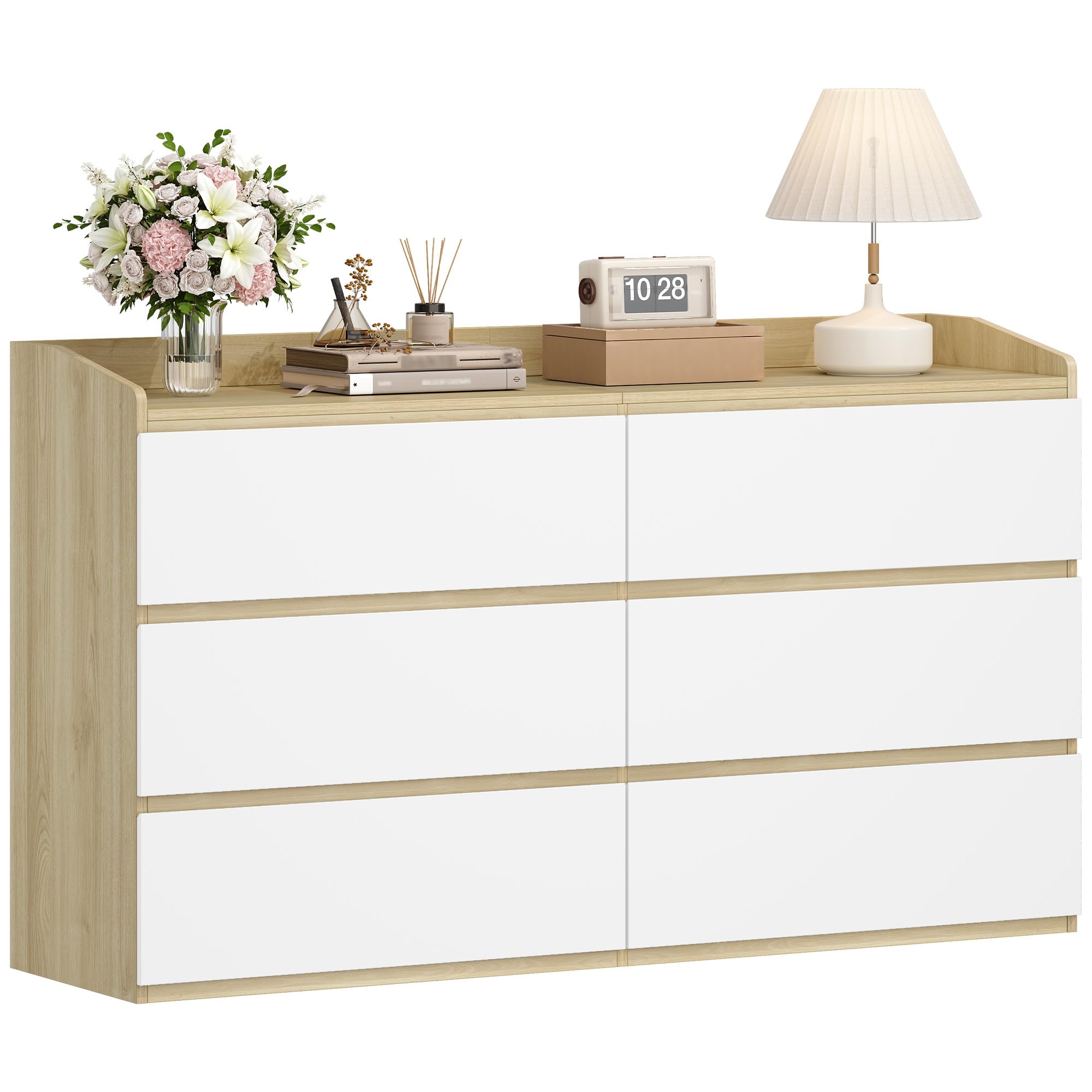 Hzuaneri Commode 40x138x84cm,6 tiroirs rambarde chêne-Blanc | Coulisses silencieuses, rebords anti-chute, patins anti-rayures, anti-bascule. Salon/chambre.FSC chêne-blanc. Réf. DC32631X.