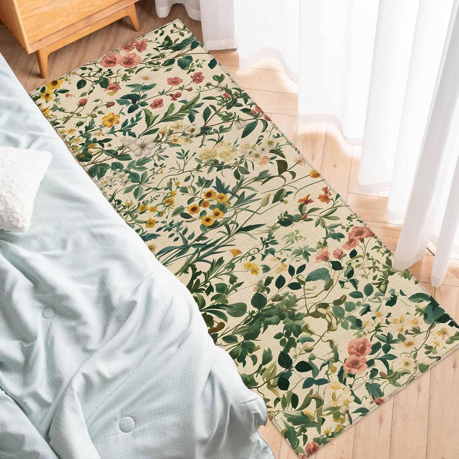 Teamery Kitchen Mats for Floor Watercolor Flower Leaves on Vintage Linen Washable Non Slip Kitchen Rugs 1PCS, Summer Floral Absorbent Standing Mats for Sink Bathroom Office Living Room 15.7x47.2in