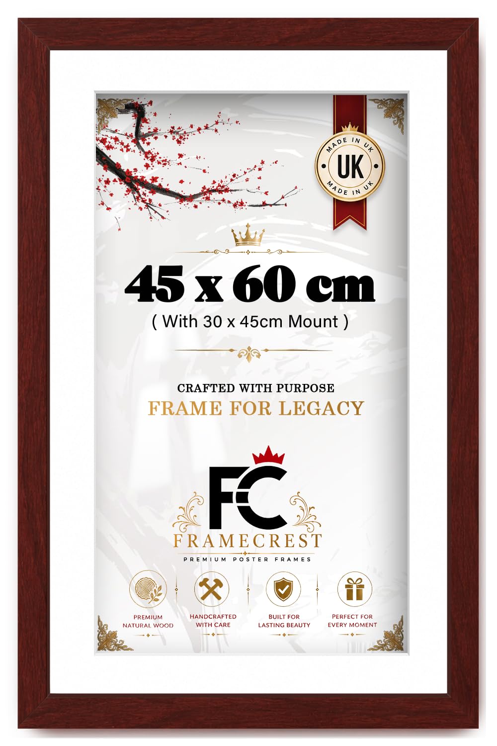 FRAMECREST LTD Mahogany Picture Frame 45 X 60 CM (24 X 18 IN) With 30 X 45 CM White Mount, Matted Poster Frame For Portrait And Landscape Prints, Wall Mount For Home Office Display — [Mahogany]
