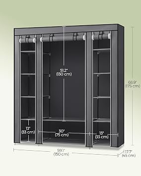 SONGMICS Fabric Wardrobe, 12 Compartments, Metal Frame, 150 x 45 x 175 cm