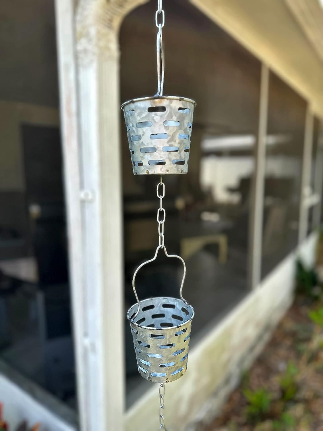 Zeckos Galvanized Grey Metal Olive Bucket Pail Style Rain Chain Gutter Downspout Accent, 74 Inches Long - Easy Install - Adding Rustic Charm to Your Outdoor Décor