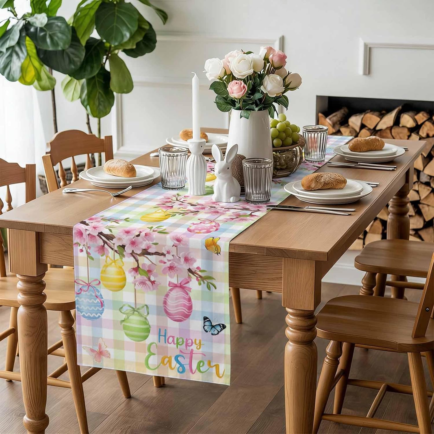 Happy Easter Eggs Table Runner Dresser Scarf 13 x 72 Inch Spring Pink Floral Colorful Buffalo Plaid Table Runners Non-Slip Heat Kitchen Dining Table Decor for Indoor Outdoor Home Party Decoration