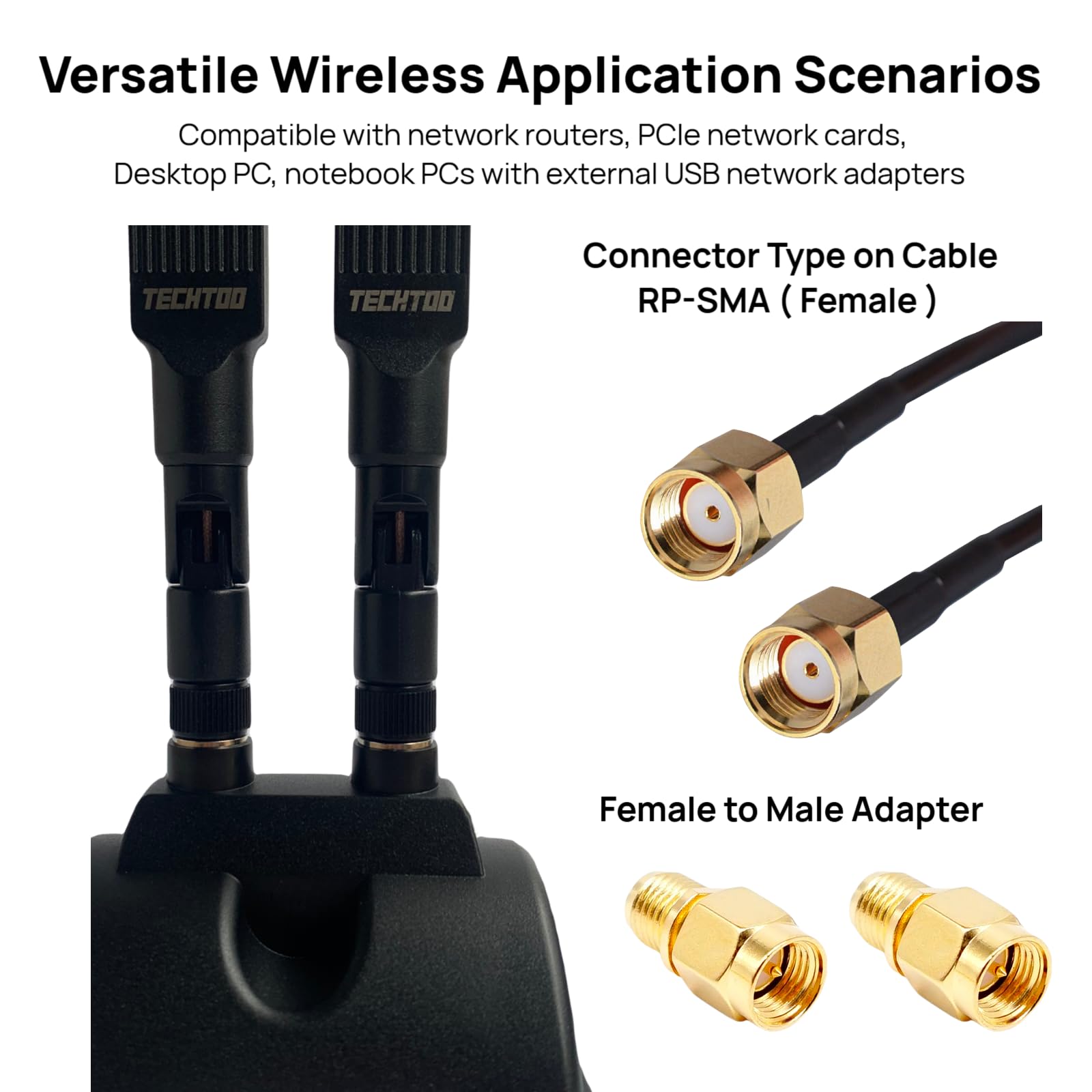 TECHTOO Antena WiFi de 12 dBi de doble banda 2.4 GHz 5 GHz RP-SMA Antenas WiFi con base magnética y cable de extensión de 4 pies para PC de escritorio, PCI, Bluetooth, tarjeta de red inalámbrica