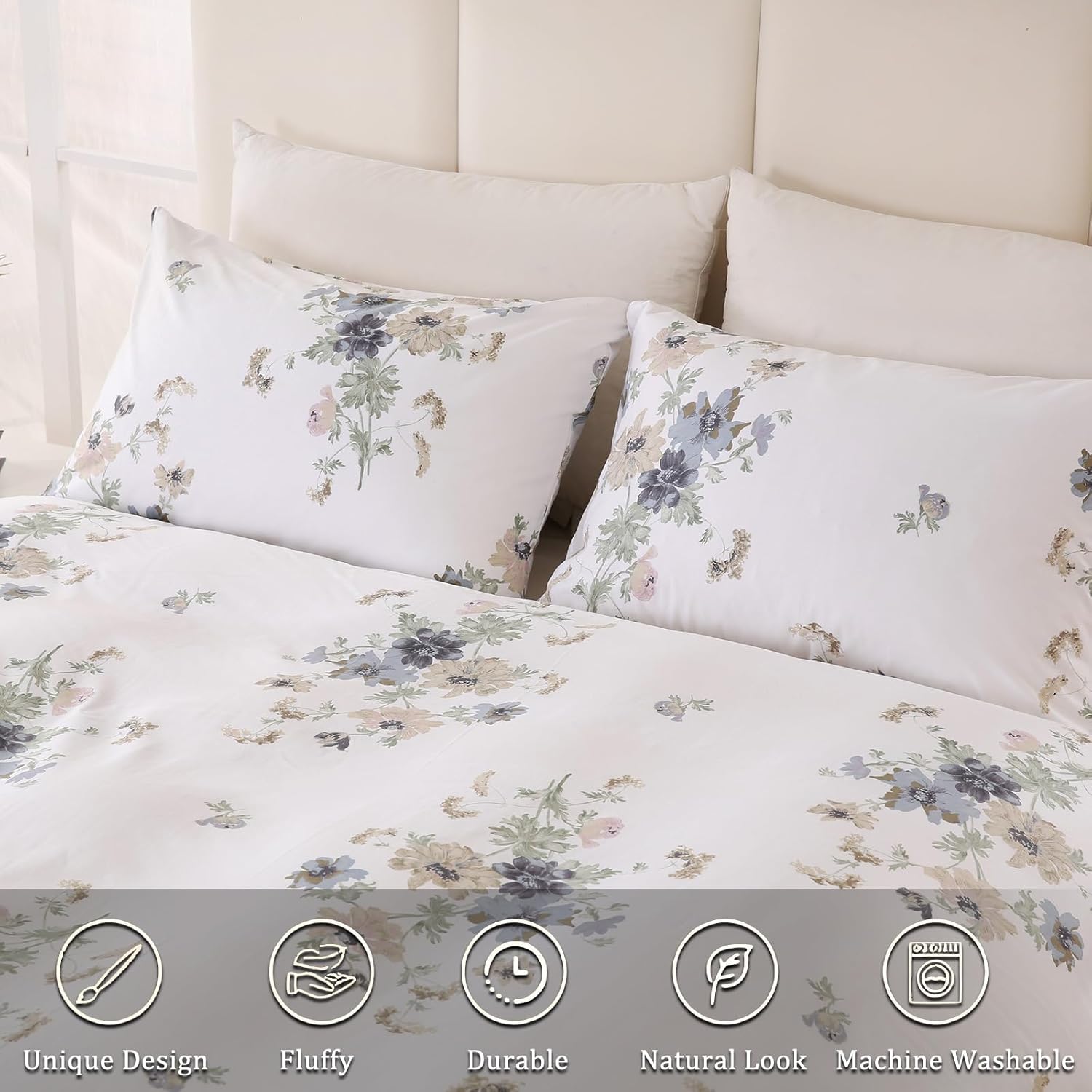 Floral Comforter King Size 100% Cotton Comforter with Blush Blue Floral 3 Pieces Vintage Botanical Bedding Sets Soft and Lightweight Comforter Set for All Seasons - Image 5
