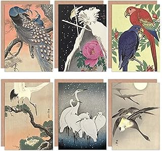 Artery8 Ohara Koson Japanese Geese Egrets Crane Parrot Bluechat Peacocks Fine Art Greeting Card Pack of 6 Japonais Perroquet Bleu