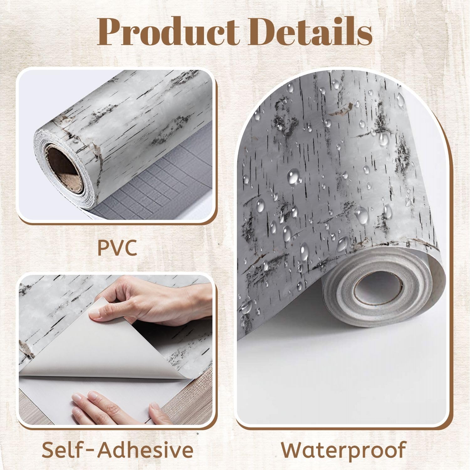 Peel and Stick Wallpaper 17.7"*393.7" Wallpaper White Birch Tree Bark Texture Natural Knots Horizontal Wall Decor Contact Paper Removable Wall Paper for Bedroom Desk Drawers Kitchen