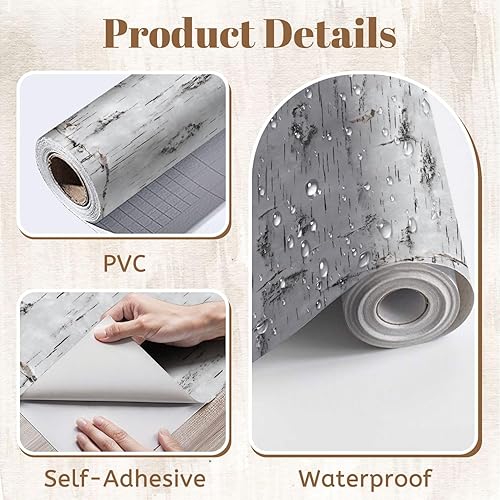 Miniatura 2 de Papel tapiz autoadhesivo de 17.7 x 393.7 pulgadas, textura de corteza de abedul blanco, nudos naturales, decoración de pared horizontal, papel de