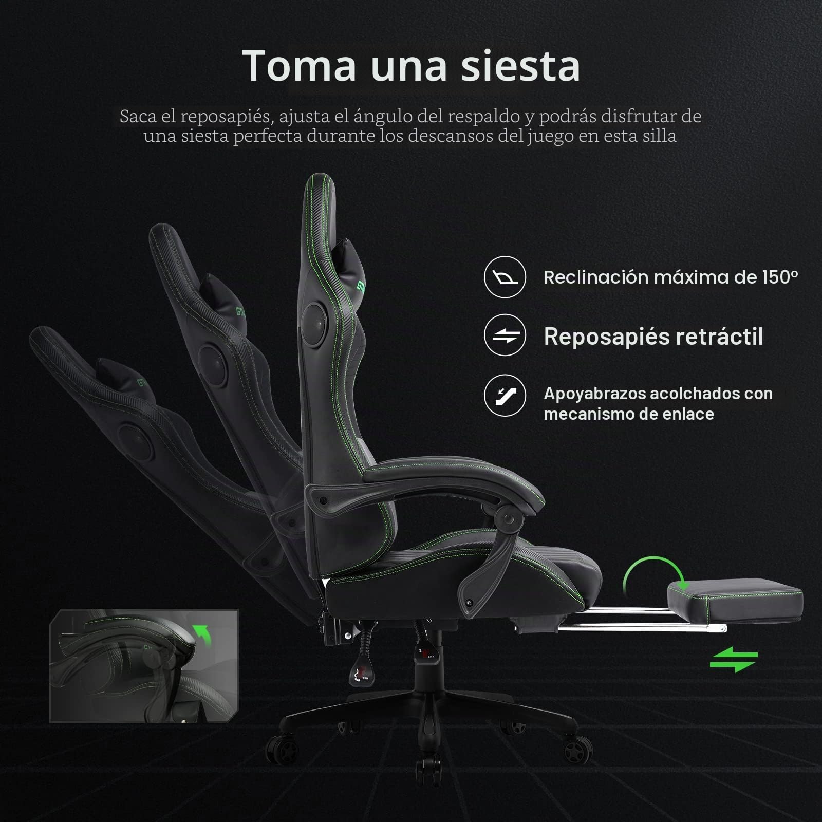 GTPLAYER Silla de Juego, ergonómica, para Gamer, con reposapiés, Altavoz, música, Carga máxima: 150 kg, Negro/Verde
