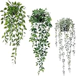 Artificial Hanging Plants 3Pcs Potted Greenery Decor - Grey Eucalyptus Mandala Snow Pea Vine in Pot Plants for Office Farmhouse Home Indoor Outdoor Decor(2 Greens+1 Greying White)