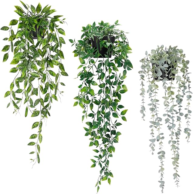 Artificial Hanging Plants 3Pcs Potted Greenery Decor - Grey Eucalyptus Mandala Snow Pea Vine in Pot Plants for Office Farmhouse Home Indoor Outdoor Decor(2 Greens+1 Greying White)