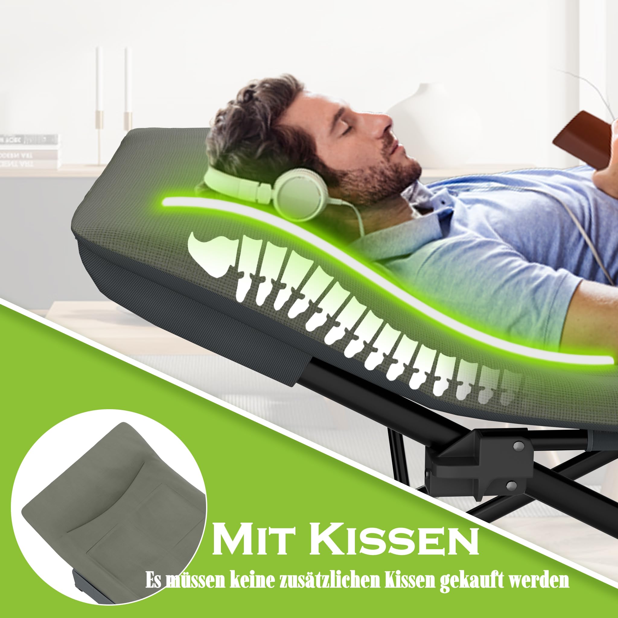 FIVMEN Feldbett Klappbar 185x75 cm Klappbett Campingbett mit Matratze, Kissen und Seitentasche Gästebett Karpfenliege Campingliege bis 250kg Belastbar für Outdoor Camping Garten