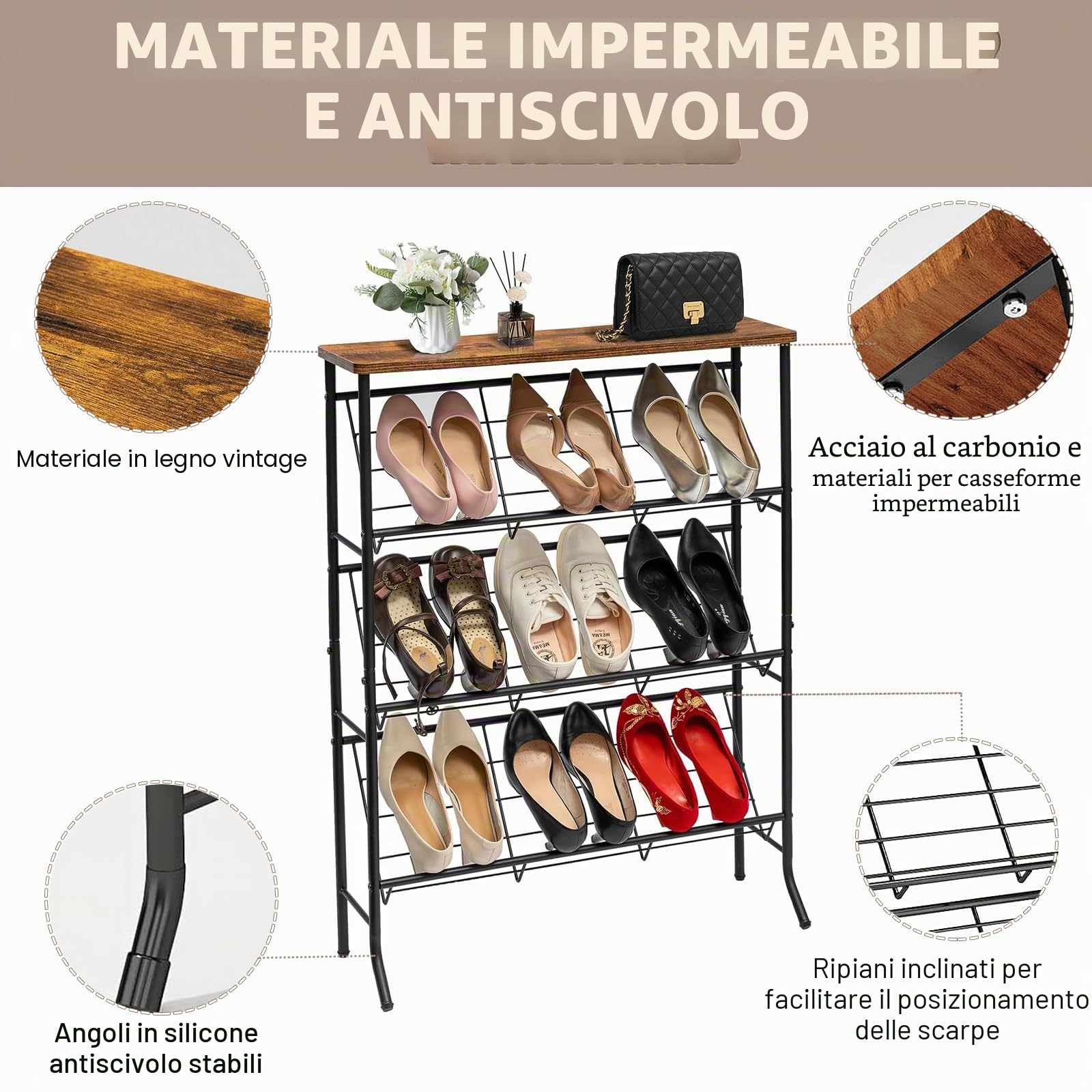 Scarpiera sottile in metallo, con 4 ripiani, impilabile, piccola scarpiera, organizzatore per 12-16 paia di scarpe, portascarpe per ingresso, corridoio, soggiorno, camera da letto