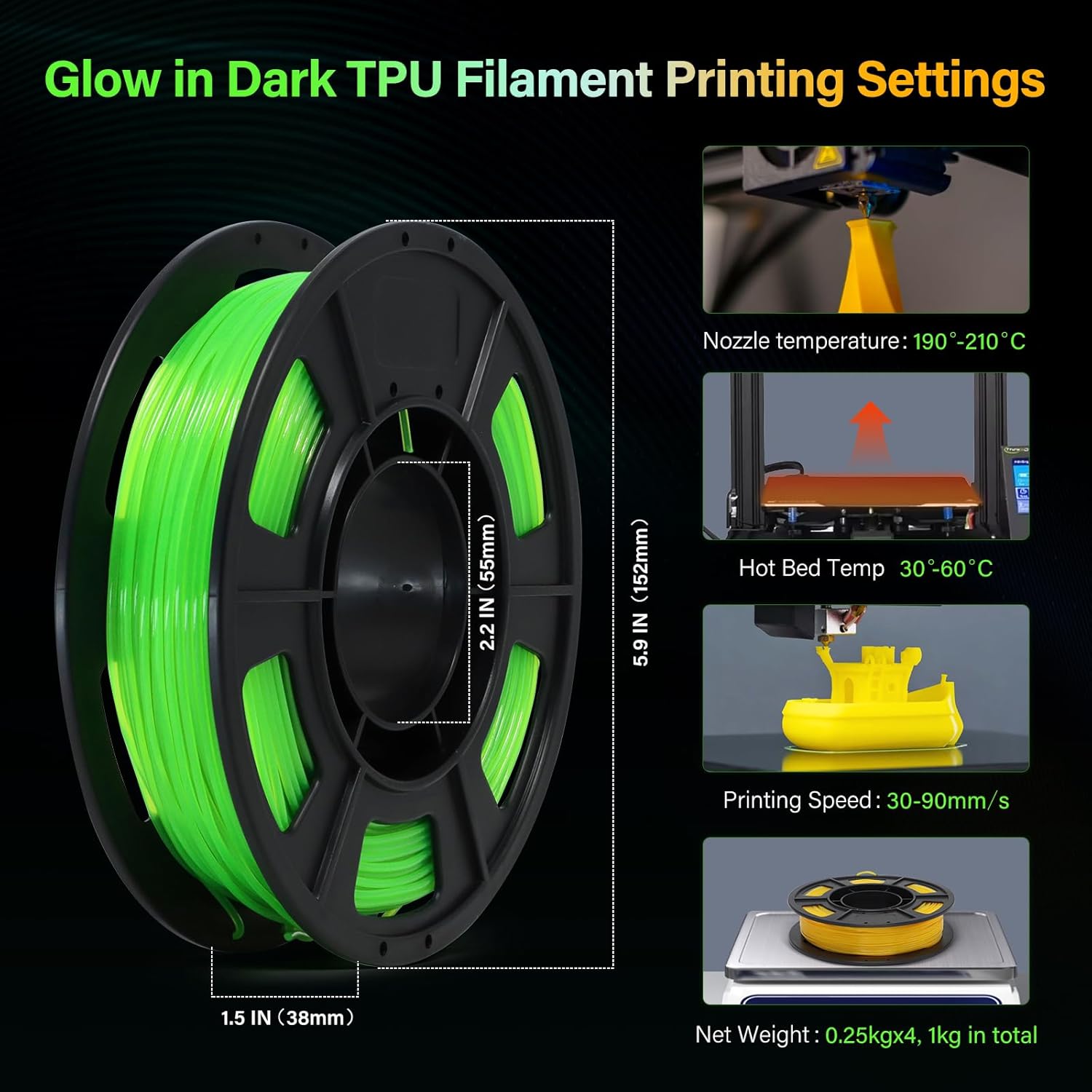 YOUSU Glow in The Dark TPU 3D Printer Filament Bundle, 1.75mm 95A TPU, Blue,Green,Yellow,Purple 250g*4 Pack.