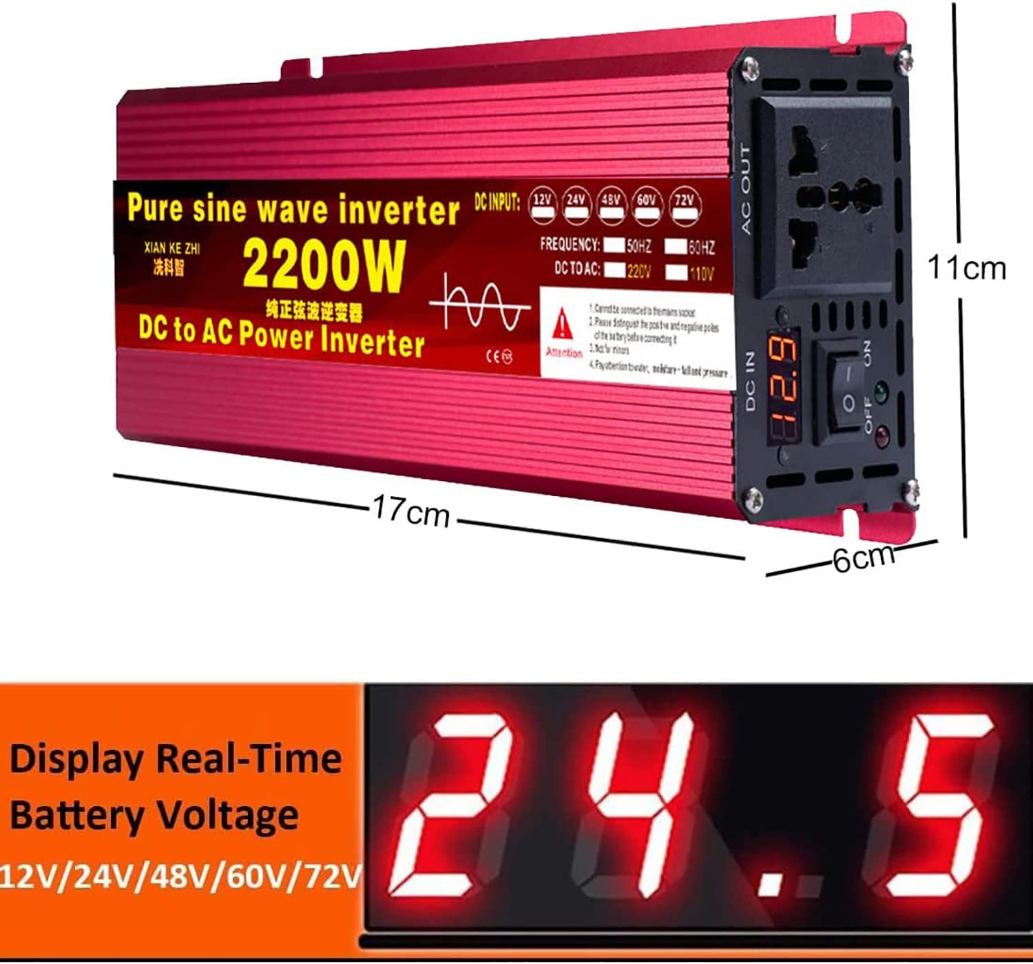 Auto Reiner Sinus Wechselrichter 1600W 2200W 3000W Netzspannung Wechselrichter Transformator Sinuswelle Spannungswandler DC 12V 24V 48V 60V 72V auf AC 220V 230V Stromrichter (48Vto220V,2200W)