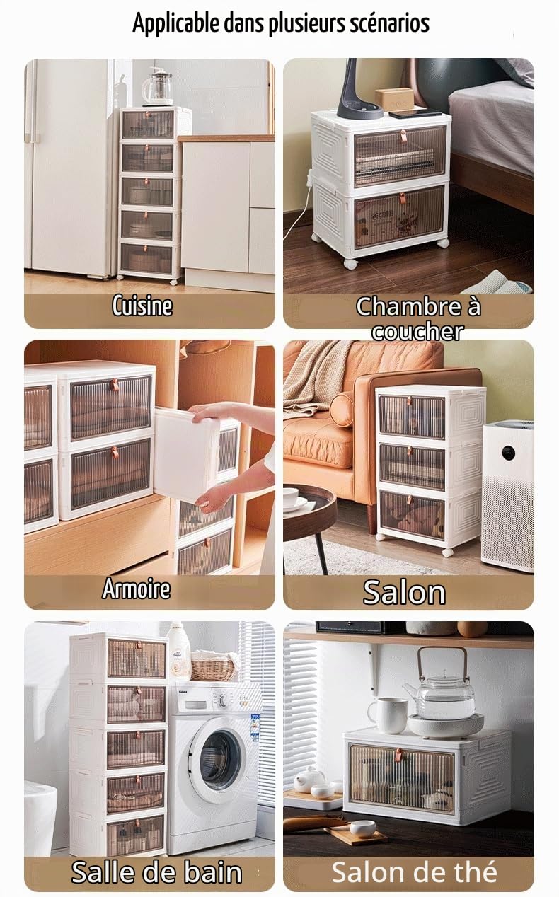 Bacs de rangement pliables avec couvercle, roulettes et porte magnétique, organiseur ABS empilable et pliable pour cuisine, vestiaire, salon et bureau (6 niveaux)