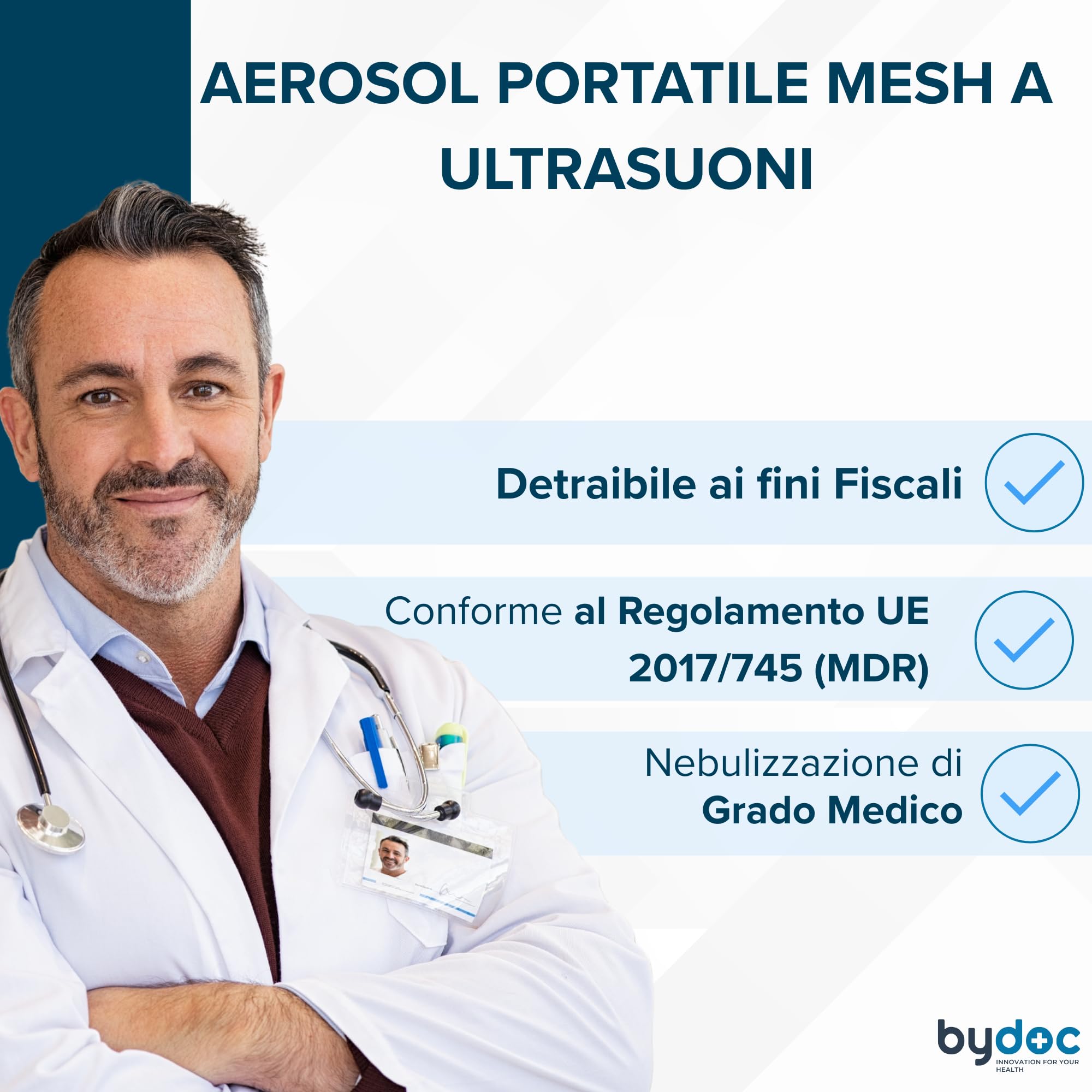 Aerosol Portatile Mesh a Ultrasuoni, Dispositivo medico classe IIA, Nebulizzatore Silenzioso Ricaricabile USB-C, per Adulti e Bambini, Borsa Inclusa, BYDOC