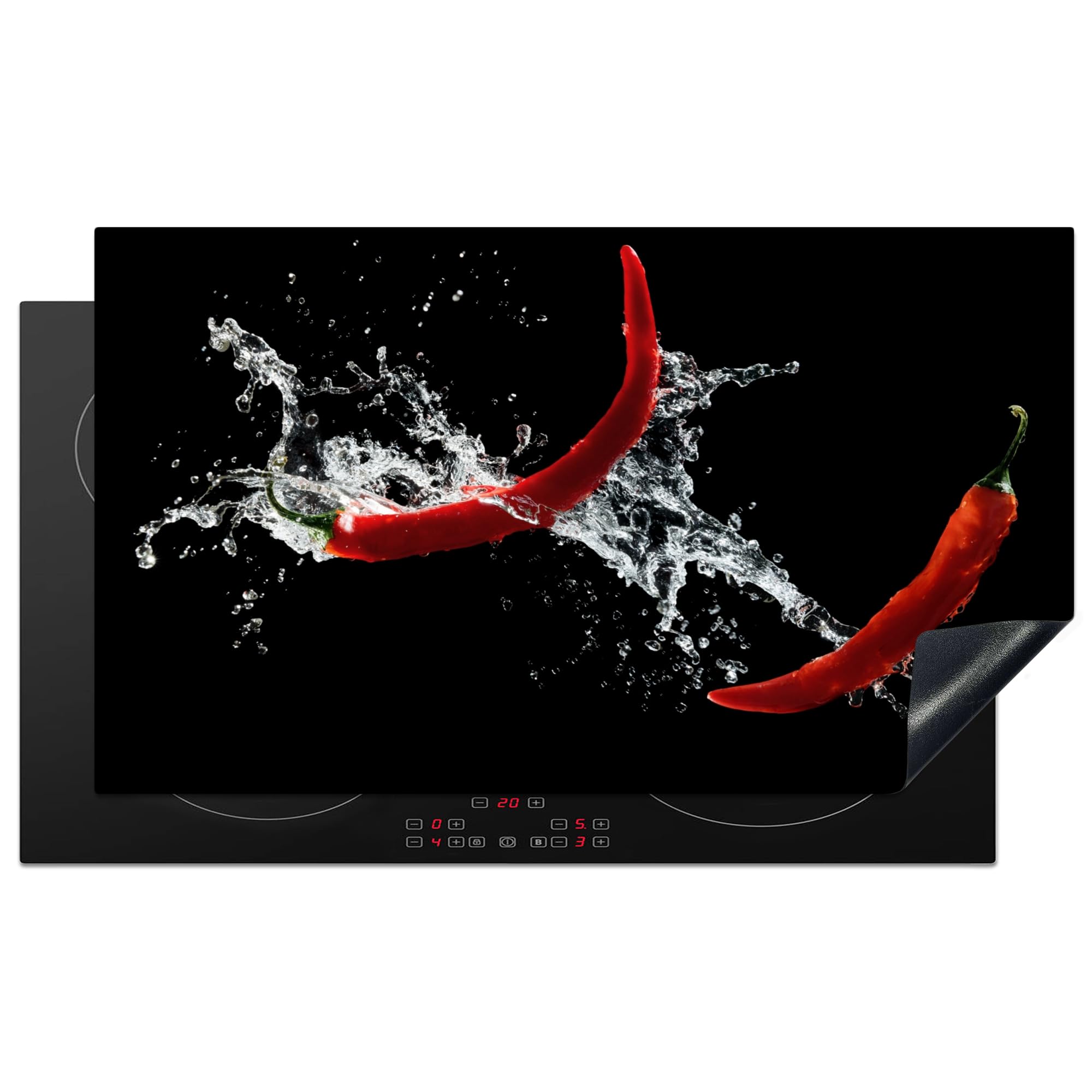 KitchenYeah© Induction Hob Protector Mat 20.8"x36" / 91.6x52.7 cm Cooker Top Protectors Cover Ceramic Covers Electric Hobs Vinyl Chilli - Still Life - Water - Black - Red — image 1
