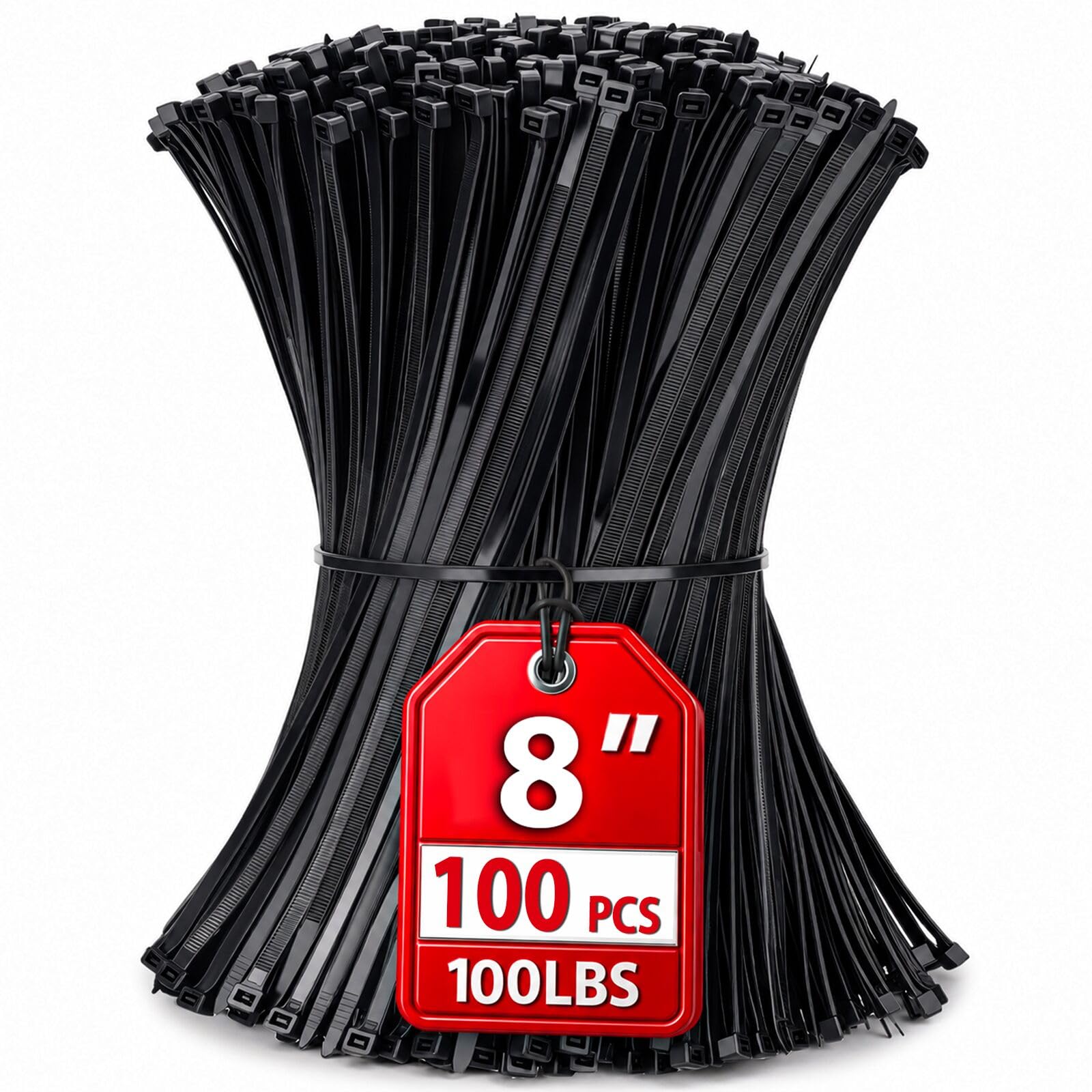 Zip Ties 8 inch, 100 Pack Heavy Duty Black Zip Ties with 100 lbs Tensile Strength, Self-Locking Nylon Cable Ties,Wire Ties for indoor and outdoor use.