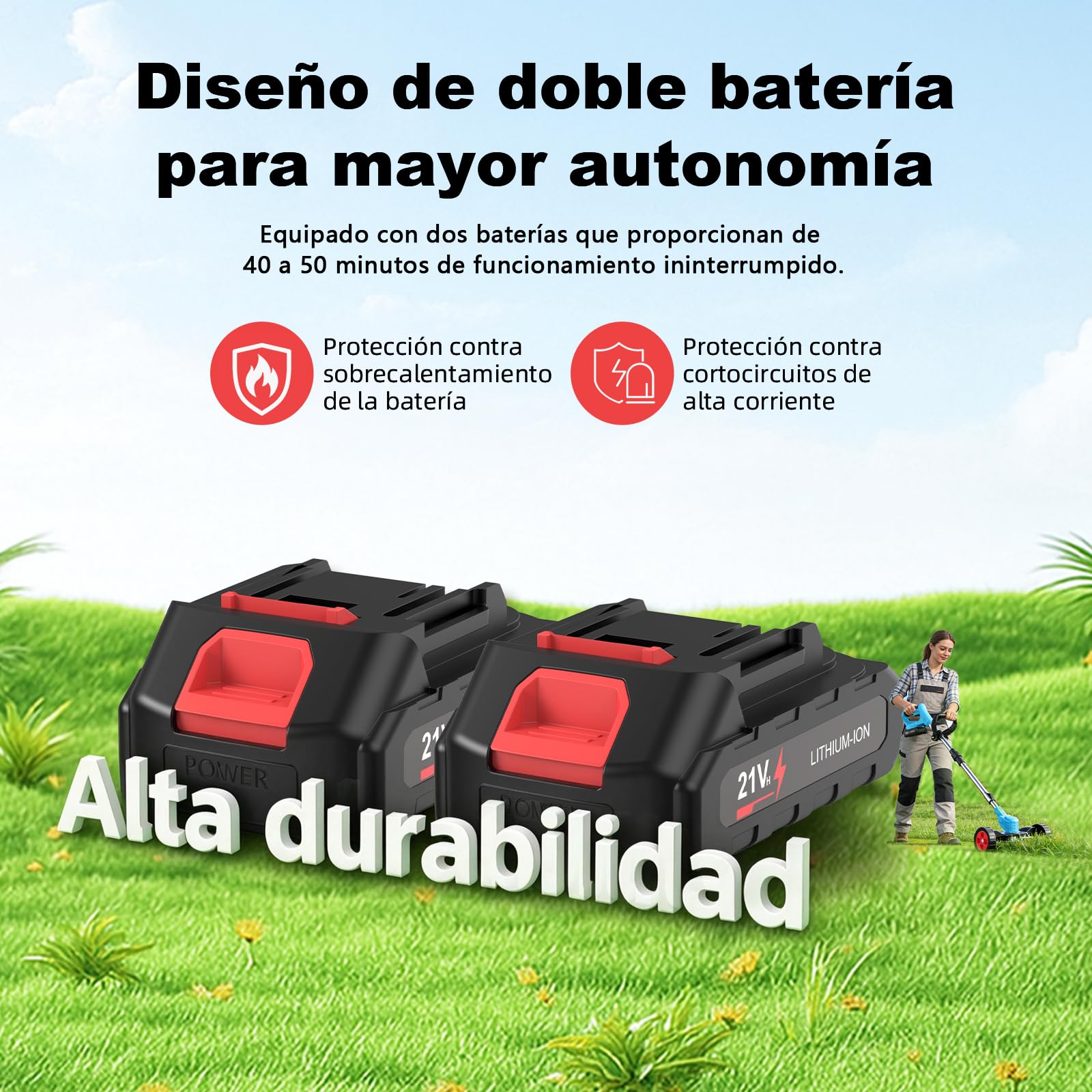 Desbrozadora Batería 21V, Desbrozadora Eléctrica, Equipado con 2 Baterías de 2.0Ah, 4 Cuchillas de Alta Eficiencia y Mango Ajustable, para Uso en Hogar, Patio y Jardín