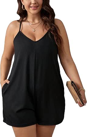 Top-Vigor Women’s Casual Jumpsuit – Loose V-Neck Spaghetti Strap Short Romper, Grey/Black