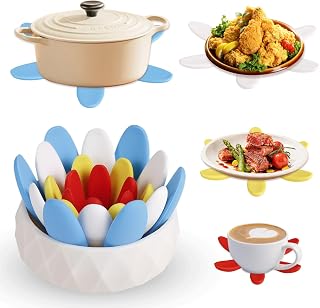 Silicone Succulent Cup Coasters Set of 4, Colorful Trivet Mats, Hot Pads for Pots Pans, Foldable Heat Resistant Coasters with Holder, Multipurpose Kitchen Table Protection (Red Blue White Yellow)
