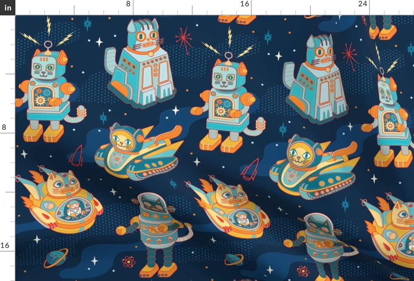 Spoonflower Fabric - Cat Space Retro Kitsch Robots Cats Outer Rocket Printed on Chiffon Fabric by The Yard - Sewing Fashion Apparel Dresses Home Decor