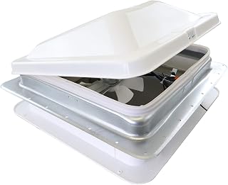 classAcustoms 14" RV Roof Vent 12 Volt Powered Fan w/White Wedge Style Lid - 3" Garnish Ring | 71112A-3G