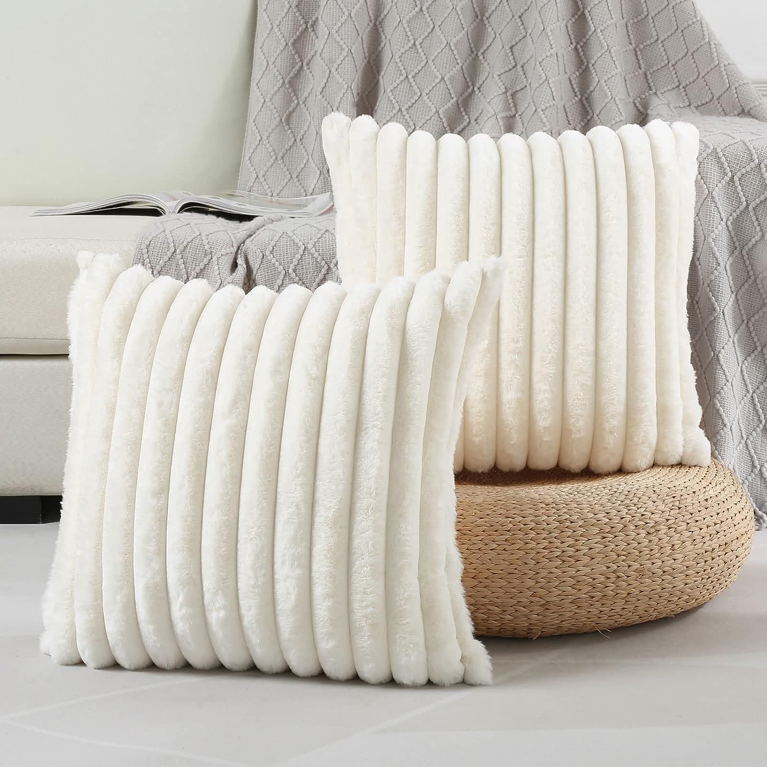 FUTEI Cream White Striped Decorative Throw Pillow Covers