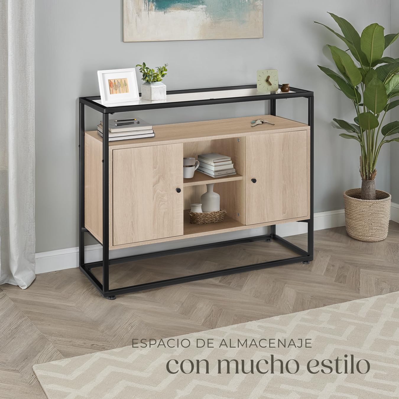 tectake® Mueble TV Salon de Estilo Industrial, Aparador con 2 Armarios y 3 Estantes, Tablero Madera, Muebles Salon, Mesa TV - 100 x 38 x 80,5 cm Madera Industrial Clara, Roble Sonoma
