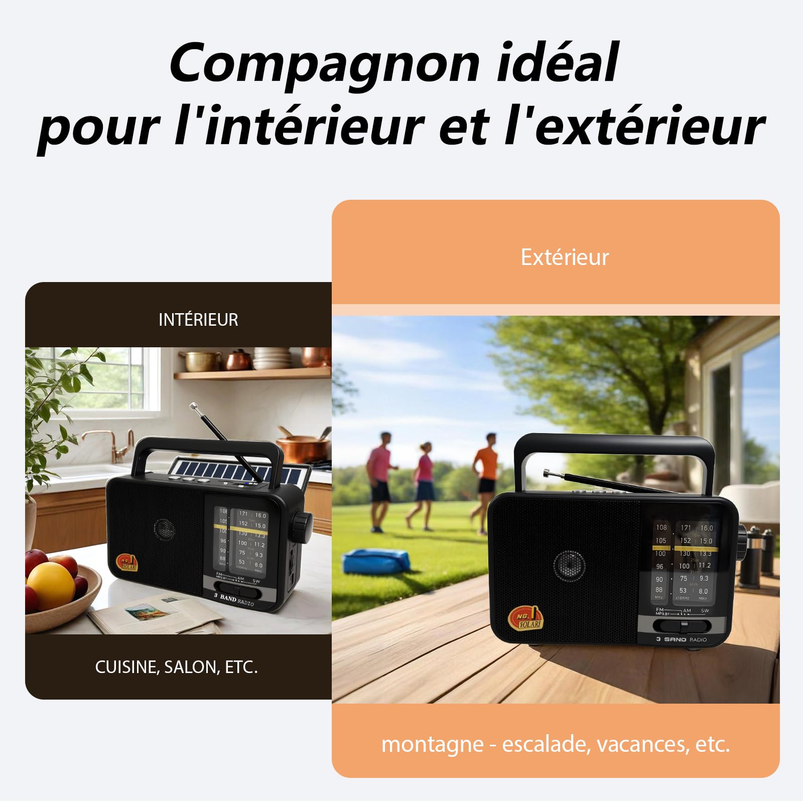Poste Radio Portable avec Panneau Solaire & Batterie 1200mAh, Récepteur AM/FM/SW avec 8W Haut-Parleur/TWS/USB/TF, Transistor Radio a Pile luetooth pour Camping, Urgences et Extérieures (Noir)