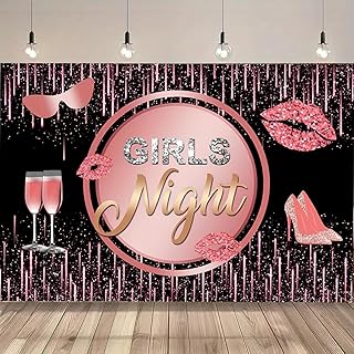 Girl Night Backdrop Black and Pink Beauty Makeup Spa Party Background Ball Diamond Glitter Party Decorations Girl Rose Gold Pink High Heels Champagne Bachelorette Bridal Shower Background (5 * 3ft)