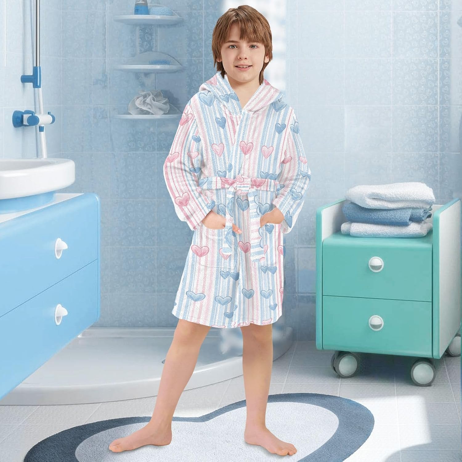 senya Striped Blue Pink Hearts Toddler Hooded Bathrobe Kids Soft Plush Bath Towel Robes for Boys Girls 2-12 Years
