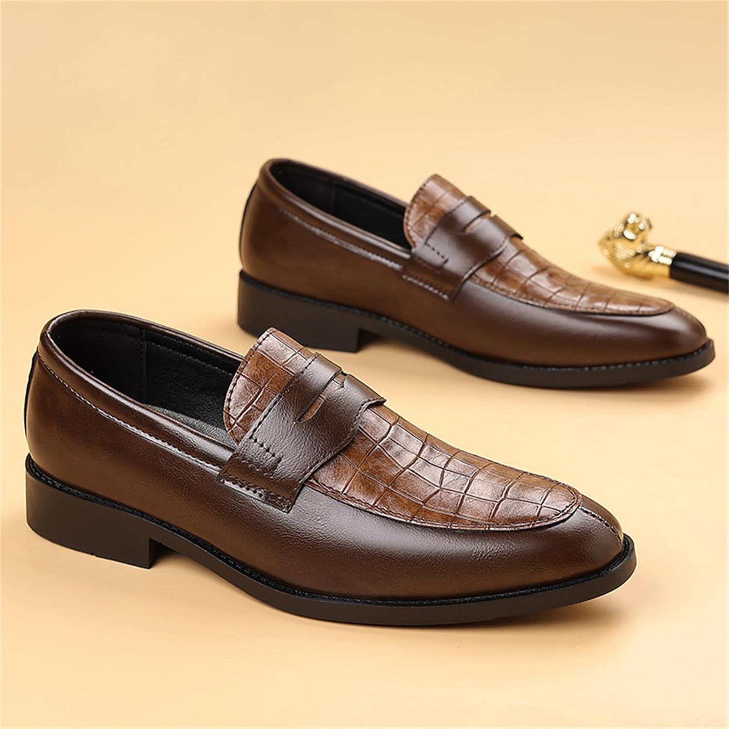 Men's Vintage Crocodile Print Slip On Dress Shoes Formal Business Tuxedo Suit Penny Loafers