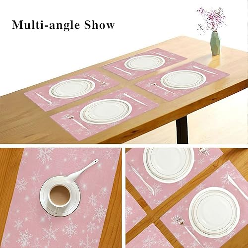 Miniatura 5 de Juego de 6 manteles individuales de color blanco con copos de nieve rosados, lavables para cocina, mesa de comedor, resistentes al calor, tapetes